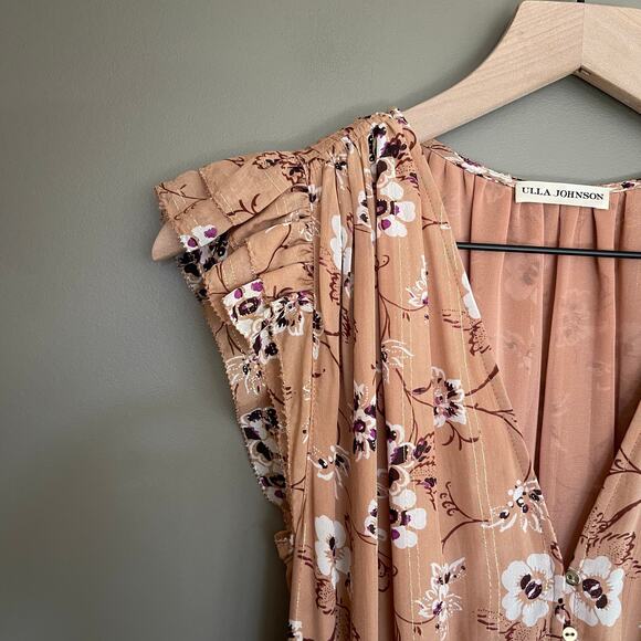 ULLA JOHNSON Ciel Dress In Cafe Size 2 Tan Silk Gold Metallic Floral Flowy Midi - Picture 8 of 16